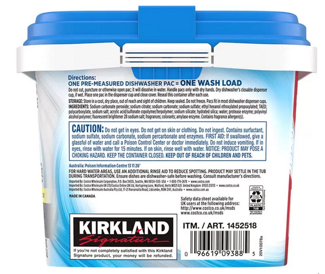 Kirkland Dishwasher Detergent Tablets Tub Of 115 Tabs 1.95Kg Lemon