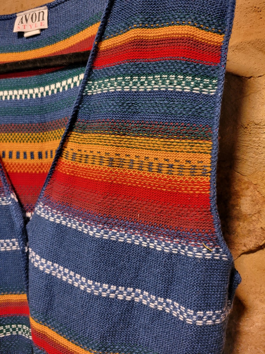 Vintage Avon Style Striped Knit Blue Yellow Button-Up Vest Southwestern View 3