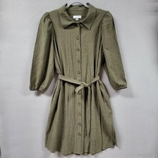 Calvin Klein Dress Women sz 10 Olive Green Crinkle Button Front Belted Pockets