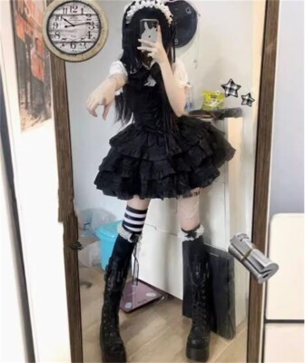 Women's Kawaii Gothic Lolita Dress - Black Japanese Harajuku Style Dress With Puff Sleeves