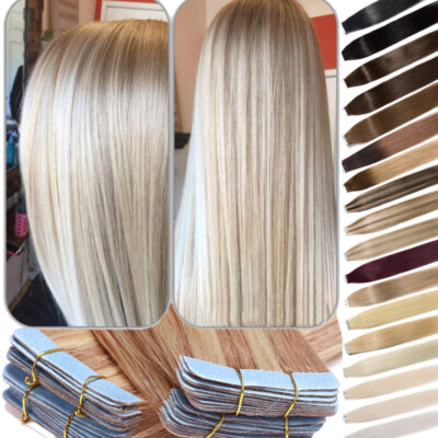 60PCS Tape-In Russian Remy Thick Human Hair Extensions Skin Weft Straight 150g F