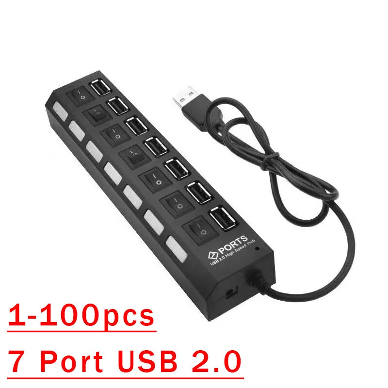 7-Port USB Hub with On/Off Switches, High-Speed Data Transfer, AC Adapter for PC Laptop