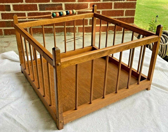 Vintage Doll Wood Playpen w/ Beads Childs Pretend Play Wooden 20” x 20