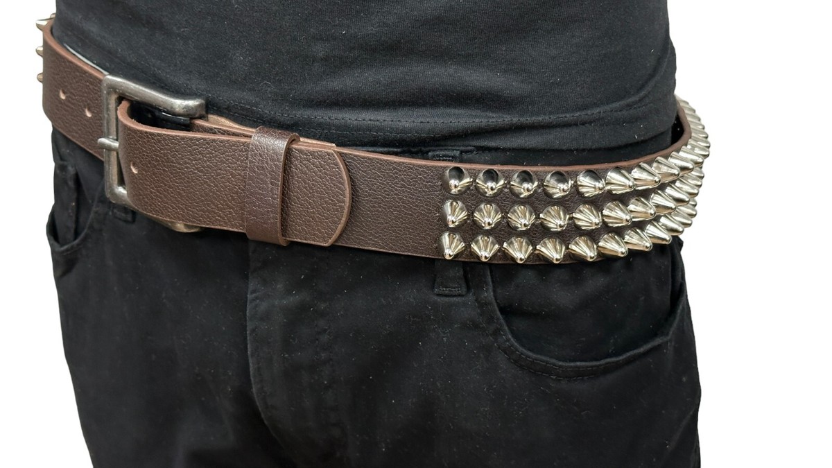Brown THREE Row UK77 CONE Stud Belt Leather Handmade Studded
