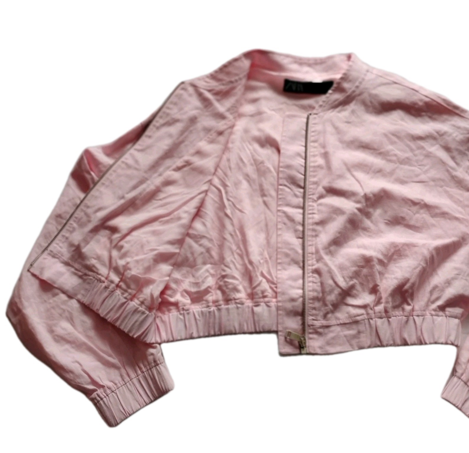 Zara Bomber Jacket Womens Large Pink Cropped Linen Coat Lined Oversized image 4
