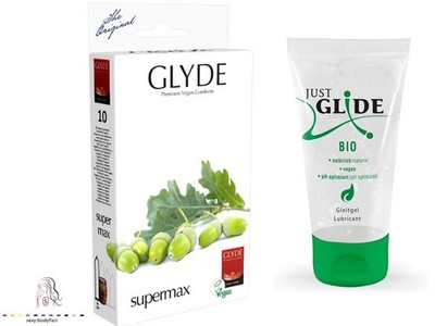   10 GLYDE Kondome SUPERMAX 60mm + 50ml Just Glide Bio 50ml Gleitgel