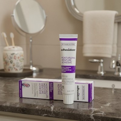 Adhesadent Moisturizing Denture Adhesive - Secure Denture Glue with Strong Grip
