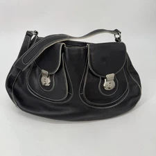 Furla Large Shoulder Bag Handbag Womens Black Pebbled Leather Silver Hardware