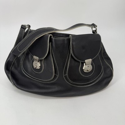 Furla Large Shoulder Bag Handbag Womens Black Pebbled Leather Silver Hardware
