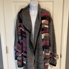 Multicolored striped open front hooded cardigan with black trim by Nic Zoe-xl