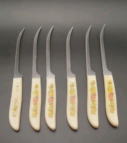 Vintage Set 6 Quikut Grapefruit Knives Vegetable Design Mushroom Orange Brown 9"
