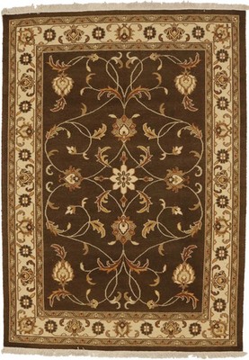 Hand-Knotted Sumak Oriental Area Rug Brown Floral Partially Woven Carpet 6X8 ft