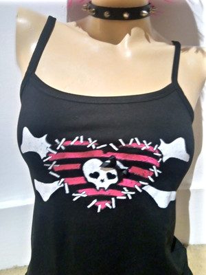 Black stretchy  Striped Skull Heart  punk emo scene vest. Medium small 10-12