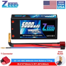 Zeee 2S Shorty Lipo Battery 5000mAh 7.4V 100C 4mm Bullet to T Plug for RC Car