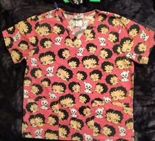 Betty Boop Pink Scrub Top Shirt Women's Ladies Medium Medical White Dog EUC 