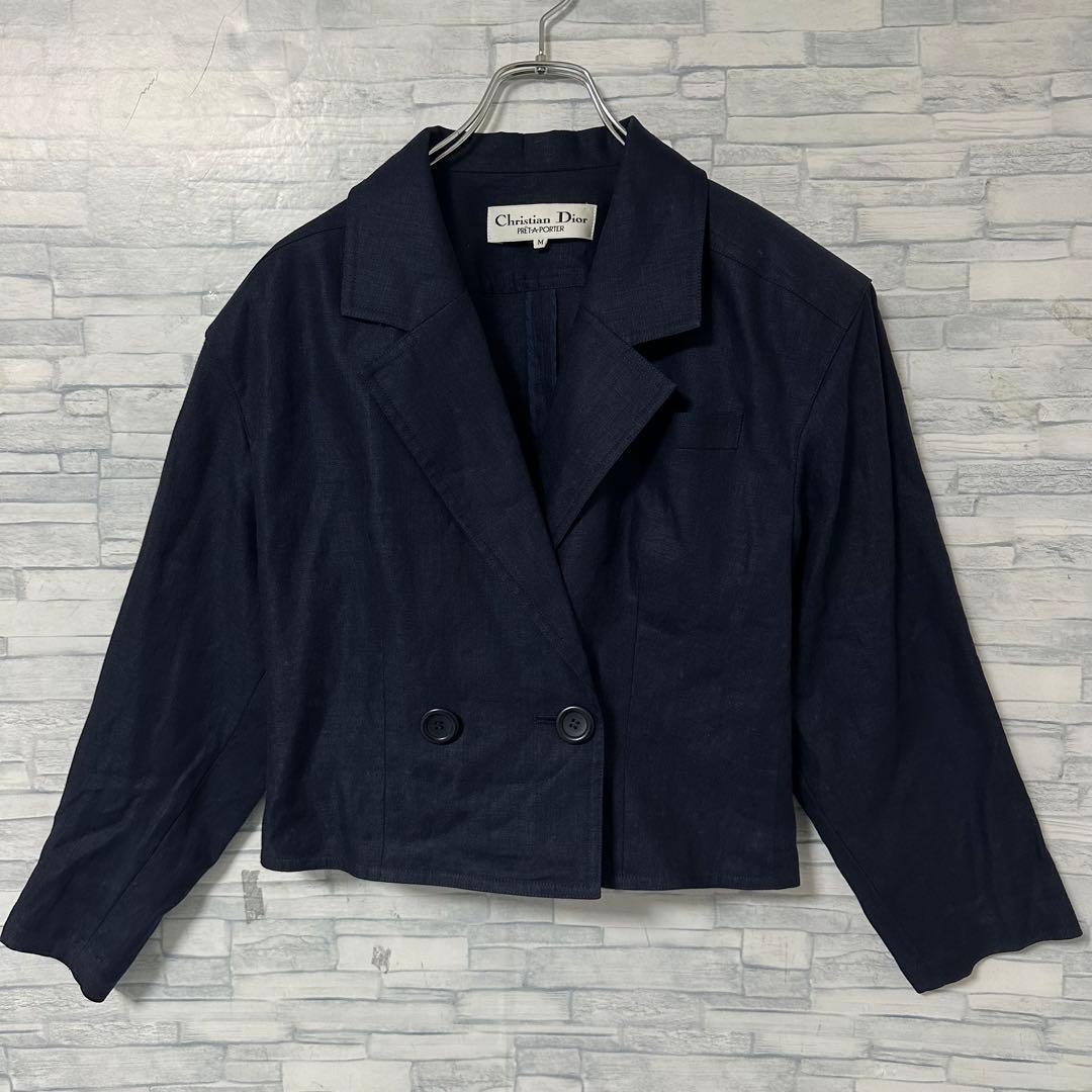 Rare Christian Dior Vintage Short Linen Navy Blazer Jacket Women's M