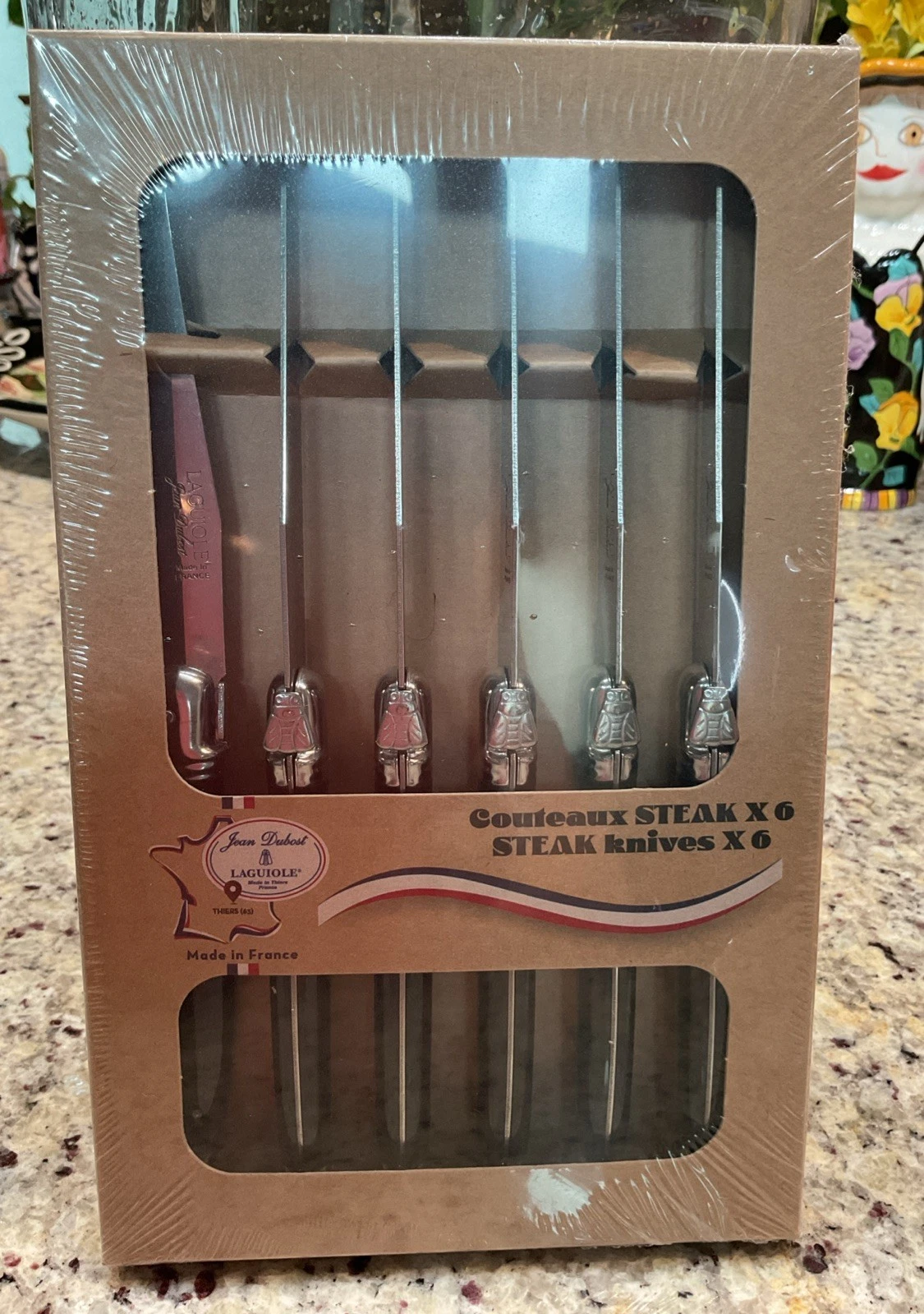 JEAN DUBOST LAGUIOLE (6) Serrated Bee Embellished Steak Knives Black Handle NIB