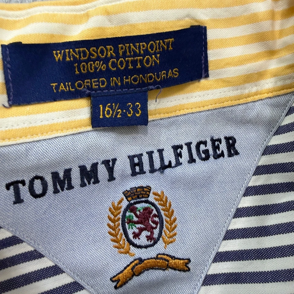 Camisa Tommy Hilfiger Botón Vintage 16.5 - 33 Amarillo Azul Rayas Años 90 Preppy Foto 4 de 4