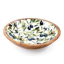 Olive Enamelled Mango Wood Serving Bowl | Large Kitchen Salad Fruit Bowl - 30cm