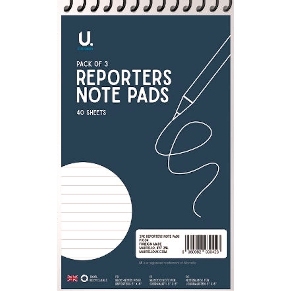 3 Pack Spiral Reporter Notebooks Lined Writing Pads 22 x 13cm Assorted Colours