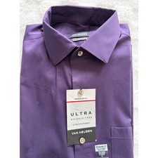 Van Heusen Mens Ultra Wrinkle Free Regular Fit Stretch Dress Shirt Eggplant 15.5