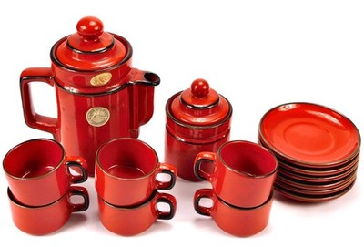 Vintage 1970s Yugoslavian Soviet Era KIL Red & Black Porcelain Coffee Tea Set