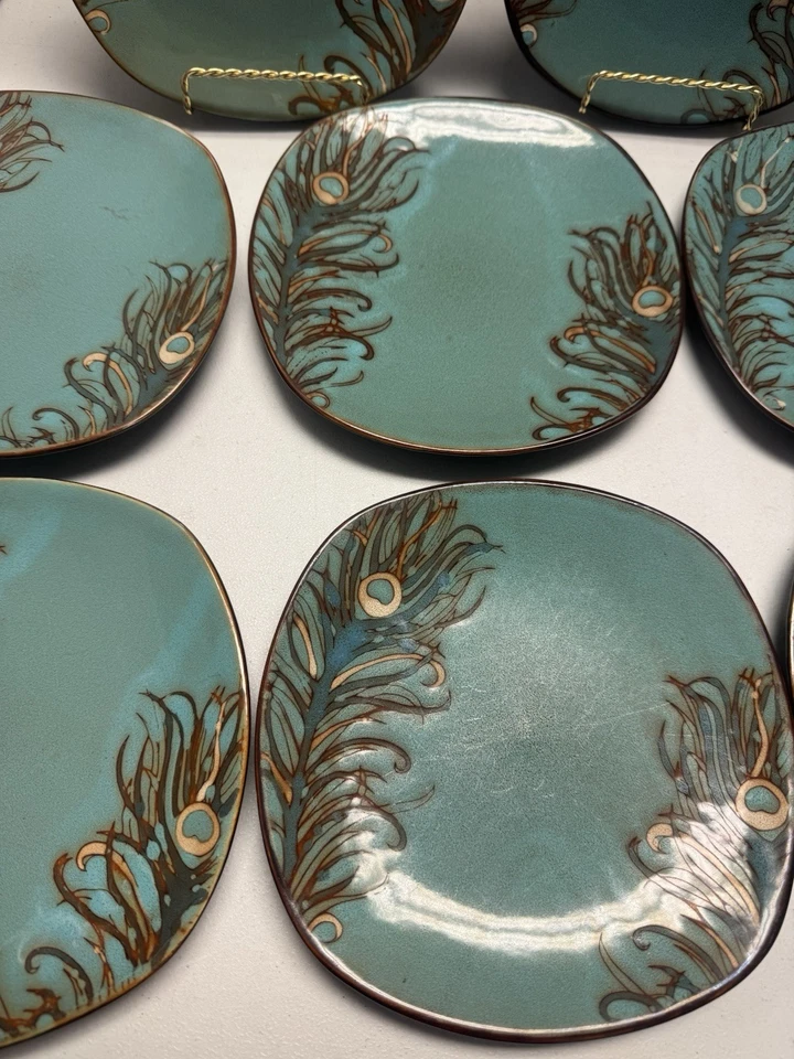 Juego de 8 platos de ensalada de gres pluma de pavo real Pier 1 Imports turquesa de 8 pulgadas Foto 3 de 4