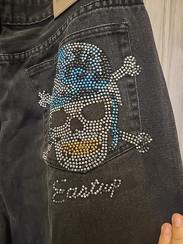 Empire Bigland Men's Baggy Y2k Skull Denim Jeans 36x33 Wash Skater Grunge Black - Foto 4 di 12