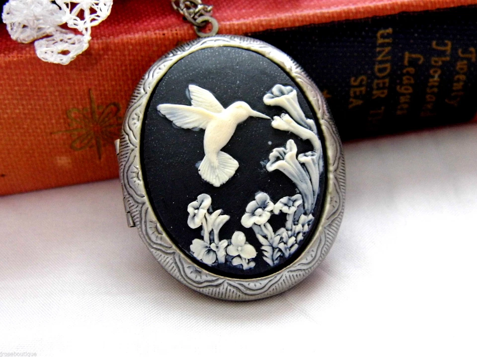 FANCY FOX BOUTIQUE Cameo Locket Pendant Necklace Black and antique white Hummingbird Locket Photo