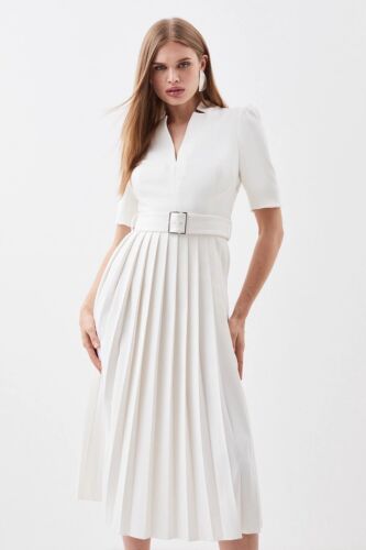 Karen Millen UK 6 Petite Structured Crepe Forever Pleat Midi Dress Ivory - Afbeelding 1 van 4