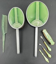Vintage Art Deco Green Chrome Vanity Dresser Dressing Set Mirror Brush Comb