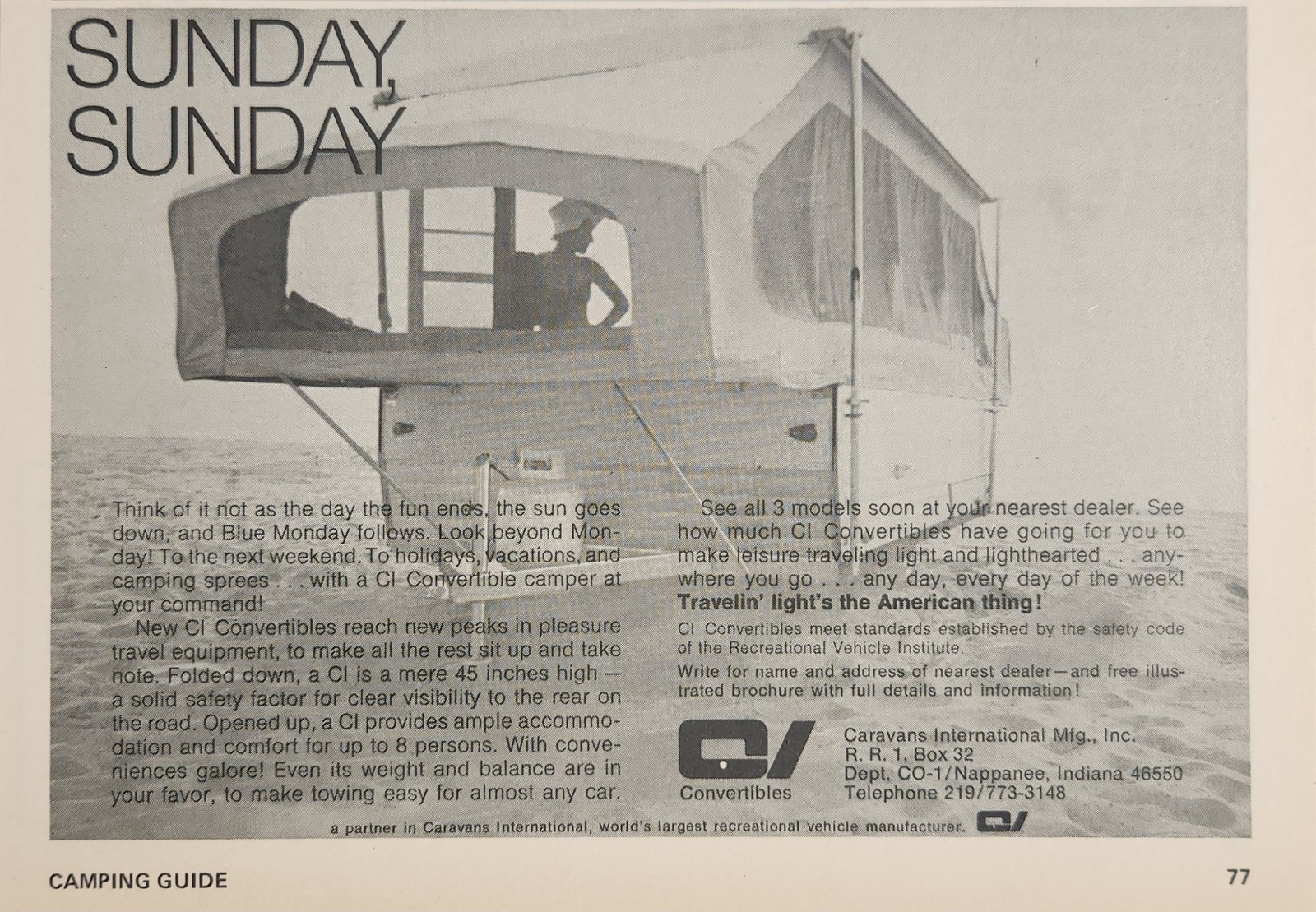 Anuncio impreso 1970 caravana CI convertible tienda camping remolques Nappanee, Indiana