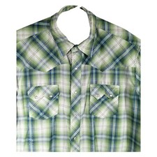 Green Silver Wrangler Shirt Snap Mens 2XL XXL Check Western Shiny Striped