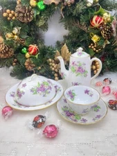 Royal Chelsea Spring Violet Coffee Set Mini Pot Sugar Bowl Covered Butter Dish