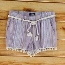 Rewash Linen Shorts Womens Sz L Purple Boho Tassels Pockets Belted Stretch Waist