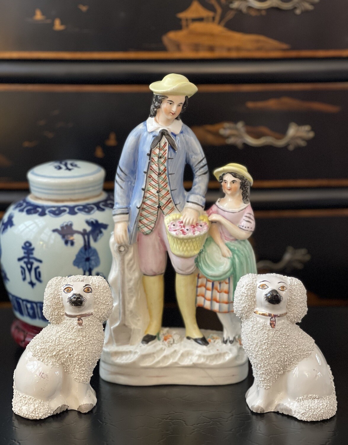 🎉🎉🎉 Incredible TRIO Antique English Staffordshire Figure and Spaniels 4.5/11”