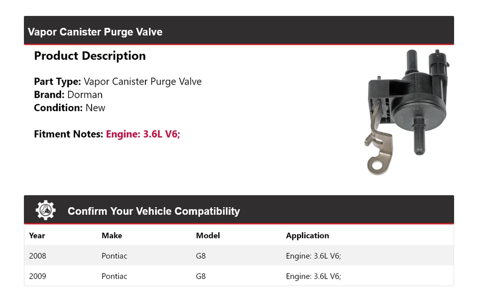 Válvula de purga de bote de vapor Dorman V6 3,6 L Pontiac G8 2008-2009 Foto 2 de 4