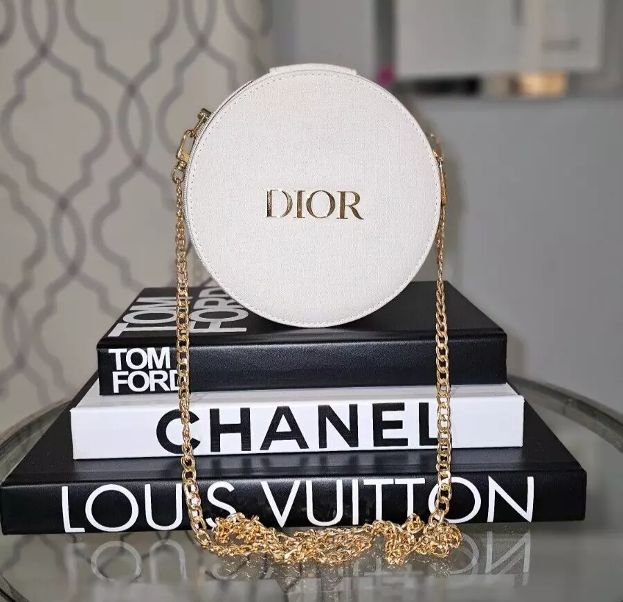Sac à maquillage bandoulière rond authentique neuf CHRISTIAN DIOR blanc ivoire or