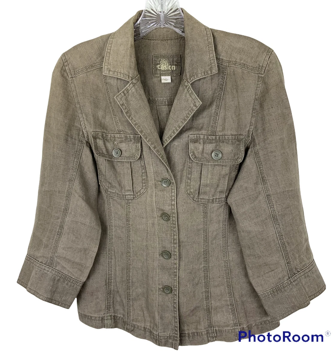 Caslon Womens Linen Jacket Button Up 3 4 Sleeves Brown Pockets