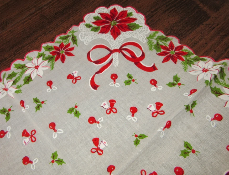 Vintage Hankie Christmas Poinsettias Bells Bulbs Bows Holly Scalloped - Image 3 of 3