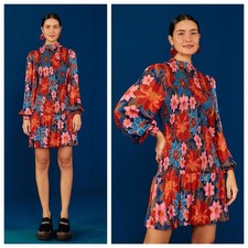 FARM Rio Garden Navy Smocked Mini Dress Size S Balloon Sleeve High Neck NWT
