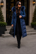 Women's Long Blue Puffer Coat with Faux Fur Hood, Quilted Winter Jacket, Warm Pa