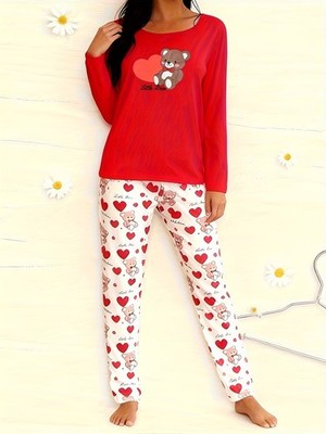 Damen Frauen langer Schlafanzug super weich Loungewear Pyjama Set Schlafanzug süß Bärenmuster