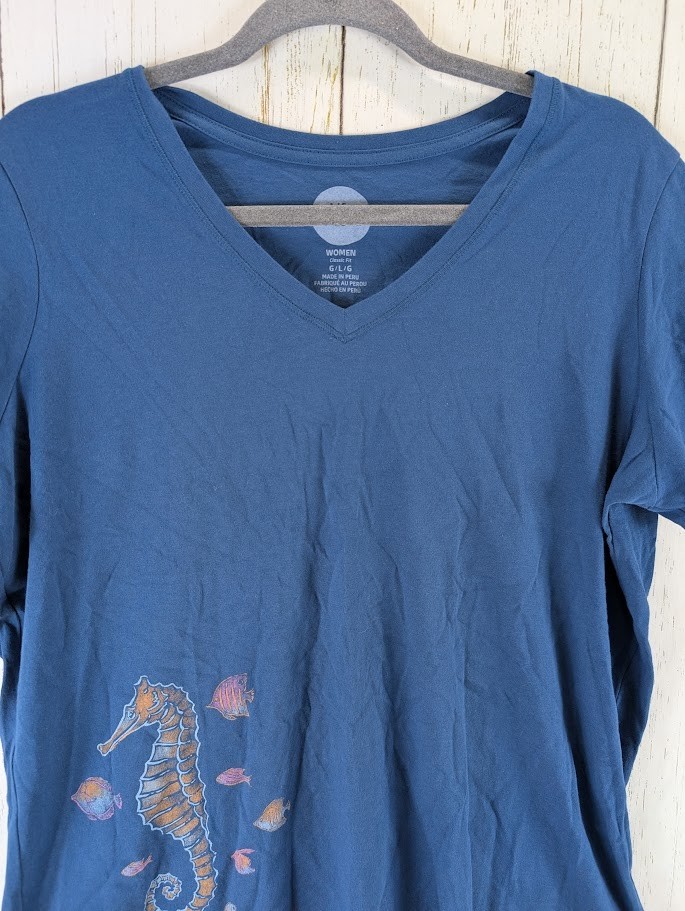 Life Is Good Size Large Classic Fit Seahorse Graphic Blue Short Sleeve Top