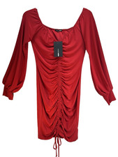 NWT jrs Fashion Nova M red V-neck poly/spandex front cinchable ls bodycon dress