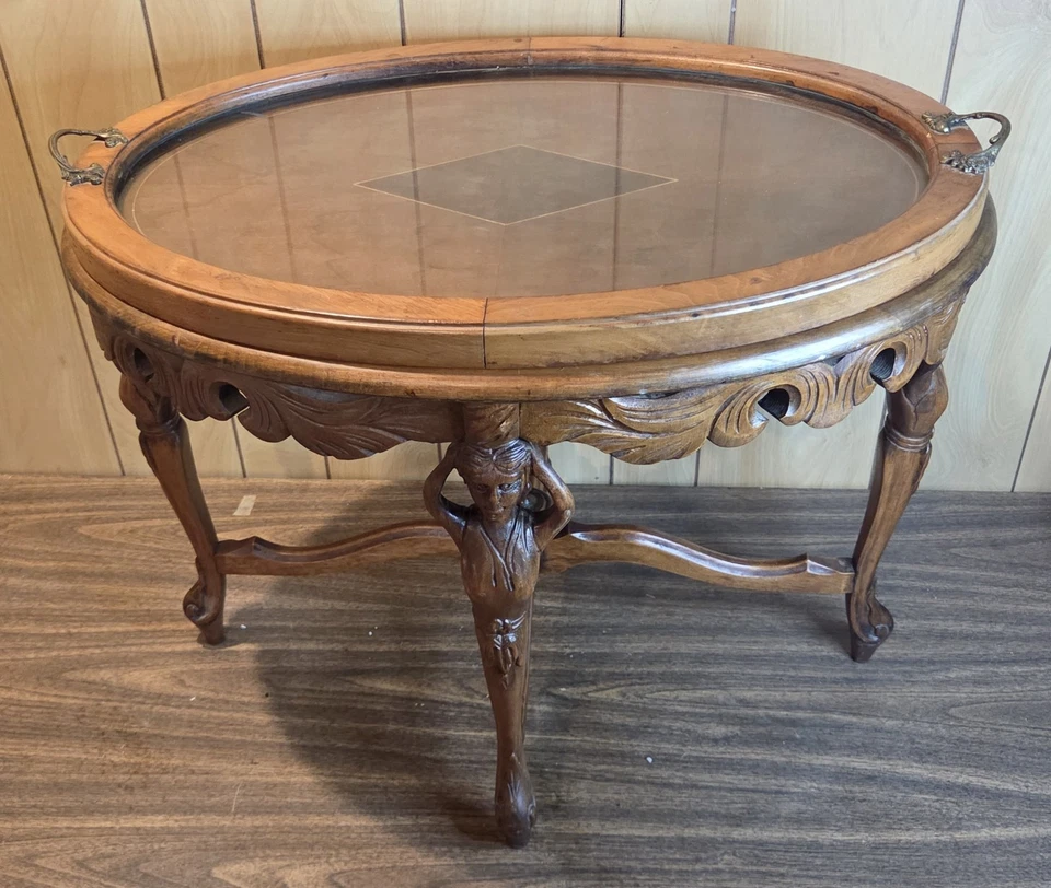 Antigua mesa ovalada renacentista francesa madera tallada figura cristal doncellas Foto 3 de 4