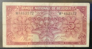 1943 BELGIUM PAPER MONEY 5 FRANCS BANKNOTE!