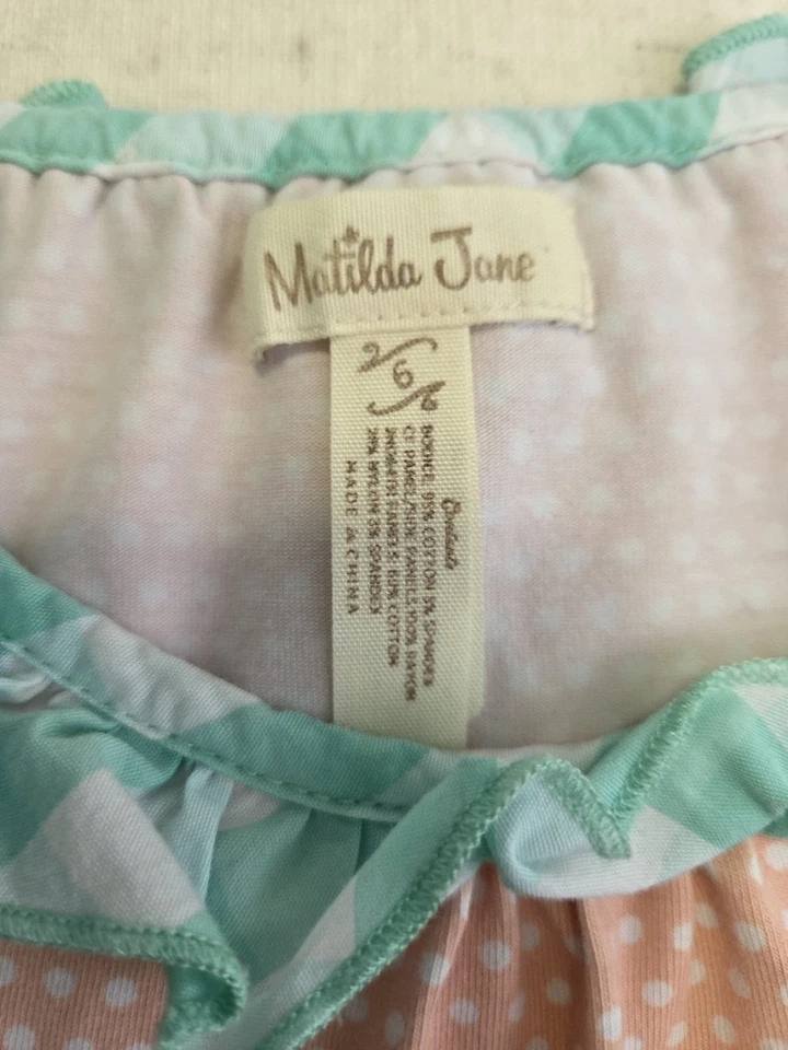 Matilda Jane Trifle Pudding Dress Sz 6 Multi Print Tie Back Ruffle Charming Fun - Image 4 of 4