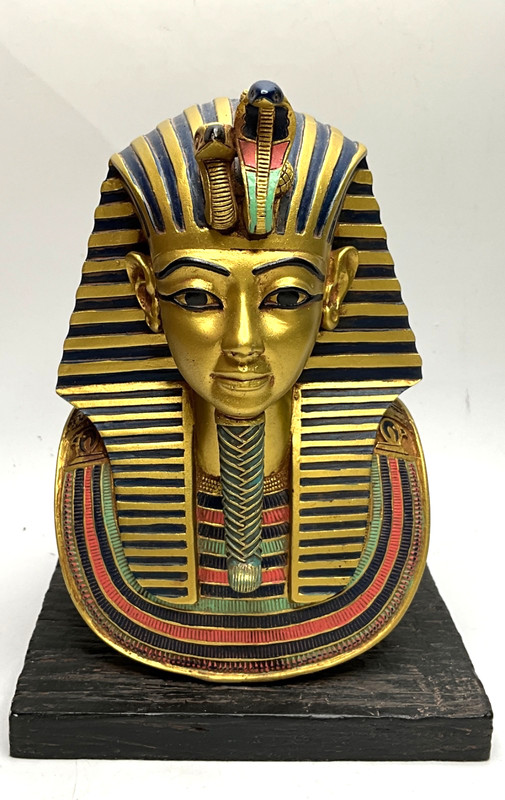 Vintage Egyptian Tutankhamun Death Mask Bust Gold Finish on Wood Base Egypt 