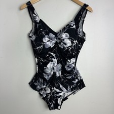 GABAR Retro Shape One-Piece Swimsuit Ruching Black Floral Tropical Size 14